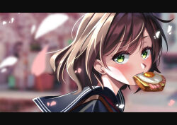 Rule 34 | absurdres, bacon, blue sailor collar, blue shirt, blurry, blurry background, bread, bread slice, brown hair, c turtle, falling petals, food, food in mouth, fried egg, fried egg on toast, green eyes, highres, indie virtual youtuber, letterboxed, looking at viewer, looking to the side, medium hair, miori celesta, mouth hold, outdoors, petals, photo background, portrait, sailor collar, shirt, toast, toast in mouth, virtual youtuber