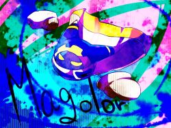 Rule 34 | abstract background, animal ears, belt, belt buckle, belt collar, blue background, blue belt, blue hood, buckle, cape, cape lift, character name, collar, colored sclera, commentary request, covered mouth, disembodied hand, gear print, gloves, kirby (series), looking at viewer, magolor, nintendo, no humans, orange eyes, rayman limbs, scarf, shirushiki, solo, v-shaped eyes, white cape, white gloves, white scarf, yellow sclera, yellow trim