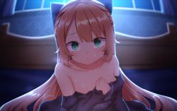 Rule 34 | 1girl, blonde hair, bow, breasts, commentary request, crying, crying with eyes open, dress, green eyes, hair bow, hand on own chest, highres, long hair, long sleeves, looking at viewer, moonlight, neit ni sei, off-shoulder dress, off shoulder, original, small breasts, solo, tears, upper body, wet, window