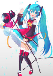 Rule 34 | 1girl, absurdres, ahoge, balloon, blue eyes, blue hair, blush, bow, detached sleeves, dress, dress bow, frilled dress, frills, full body, hand up, hatsune miku, headphones, highres, holding, holding microphone stand, layered dress, long hair, long sleeves, magical mirai (vocaloid), magical mirai miku, magical mirai miku (2018), megaphone, microphone stand, open mouth, sailor collar, sleeveless, sleeveless dress, smile, solo, sorami, sparkle, thighhighs, twintails, very long hair, vocaloid
