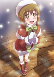 Rule 34 | + +, 1girl, beret, boots, bow, brown eyes, brown hair, dan (orange train), from above, hagiwara yukiho, hat, idolmaster, idolmaster (classic), mittens, open mouth, own hands together, pantyhose, santa boots, short hair, smile, solo