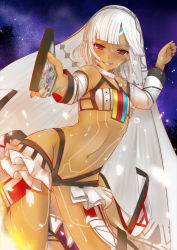 Rule 34 | 10s, 1girl, altera (fate), bare shoulders, breasts, cellphone, cowboy shot, dancing, dark-skinned female, dark skin, detached sleeves, fate/extella, fate/extra, fate/grand order, fate (series), frills, holding, looking at viewer, meta, midriff, nail polish, navel, phone, red eyes, senbon tsuki, short hair, sky, small breasts, smartphone, smile, solo, star (sky), starry sky, stomach, sweatdrop, tattoo, teeth, veil, white hair