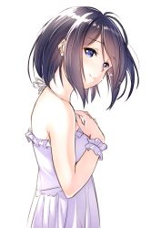 Rule 34 | 1girl, arm garter, blue eyes, blue hair, closed mouth, dress, from side, hand on own chest, looking at viewer, looking to the side, original, short hair, simple background, smile, solo, suzunari shizuku, upper body, white background, white dress, yuki arare