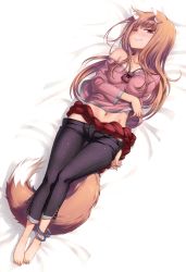 Rule 34 | 1girl, absurdres, animal ears, anklet, bare shoulders, barefoot, bed sheet, blush, breasts, brown hair, capri pants, collarbone, fang, fang out, feet, full body, highres, holo, jewelry, koume keito, legs together, long hair, looking at viewer, lying, midriff, navel, necklace, nose blush, off shoulder, official art, on back, one eye closed, open pants, pants, pinstripe pants, pinstripe pattern, pouch, red eyes, scan, shirt, simple background, small breasts, smile, solo, spice and wolf, striped clothes, striped pants, tail, thigh gap, toes, unbuttoned, vertical-striped clothes, vertical-striped pants, white background, wolf ears, wolf tail