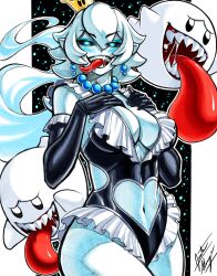 Rule 34 | 1girl, bead necklace, beads, black gloves, black leotard, black sclera, blue eyes, boo (mario), breasts, cleavage, clothing cutout, colored sclera, colored skin, crown, earrings, elbow gloves, frilled gloves, frilled leotard, frills, ghost, gloves, glowing, glowing eyes, grey skin, highres, jewelry, jgeorgedrawz, large breasts, leotard, long tongue, looking at viewer, luigi&#039;s mansion, mario (series), navel, navel cutout, necklace, new super mario bros. u deluxe, nintendo, open mouth, princess king boo, revealing clothes, sharp teeth, signature, sphere earrings, super crown, teeth, tongue, tongue out, white hair