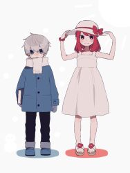 Rule 34 | 1boy, 1girl, blue eyes, blush, book, bow, bracelet, dress, flower bracelet, full body, grey hair, hands on headwear, hat, hat bow, highres, holding, holding book, jacket, jewelry, long hair, looking at viewer, maco22, mittens, open mouth, original, red eyes, red hair, sandals, scarf, sleeveless, sleeveless dress, smile, sun hat, toes