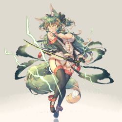 Rule 34 | 1girl, animal ear fluff, animal ears, black bow, black gloves, black thighhighs, bow, breasts, cleavage, commentary request, detached sleeves, fingerless gloves, full body, gloves, green eyes, green hair, grey background, hair between eyes, hair bow, highres, holding, holding sword, holding weapon, kuromiya, kuromiya raika, large breasts, long hair, looking at viewer, multicolored hair, open mouth, orange hair, original, simple background, solo, sword, tail, thighhighs, two-tone hair, weapon