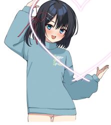 Rule 34 | 1girl, :d, aqua eyes, aqua sweater, arm up, black hair, blush, clothes writing, commentary request, cowboy shot, dracu-riot!, english text, eyelashes, gluteal fold, hair between eyes, hair ornament, hair ribbon, hairclip, hand up, happy, heart, heart of string, highres, long sleeves, looking at viewer, medium hair, mera azusa, no panties, one side up, open mouth, puffy long sleeves, puffy sleeves, red ribbon, ribbon, simple background, smile, solo, straight hair, sweater, teeth, tft (tft7822), tsurime, turtleneck, turtleneck sweater, upper teeth only, white background