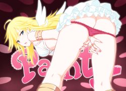 Rule 34 | 1girl, ahoge, angel, angel wings, armlet, ass, bent over, blonde hair, blue eyes, bow, breasts, bridal gauntlets, butt crack, cai geng, character name, dress, earrings, from behind, gloves, gold, hands on own thighs, jewelry, large breasts, long hair, looking at viewer, looking back, multicolored hair, multiple rings, nail polish, open mouth, panties, panty &amp; stocking with garterbelt, panty (psg), panty pull, pink nails, pink panties, ring, sidelocks, solo, underwear, very long hair, white dress, white gloves, white wings, wings