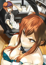 Rule 34 | 1boy, 1girl, animal ears, bare shoulders, bow, bowtie, breast hold, breasts, brother and sister, brown eyes, brown hair, chair, cleavage, desk, detached collar, easel, fake animal ears, hokenshitsu no shinigami, holding, inkwell, jacket, looking at another, object on head, open mouth, original, panties, panties on head, pen, pencil, playboy bunny, rabbit ears, saizaki minori, saizaki yoshinori, shimotsuki eight, short hair, siblings, sidelocks, sitting, sweatdrop, track jacket, twins, underwear, wavy mouth, wooden floor, wrist cuffs