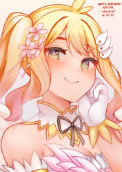 Rule 34 | 1girl, bare shoulders, blonde hair, blush, character name, closed mouth, dated, detached collar, english text, flower, flower-shaped pupils, gloves, gradient hair, green eyes, grey ribbon, hair flower, hair ornament, hanami arisa, hand up, happy birthday, highres, indie virtual youtuber, looking at viewer, multicolored hair, neck ribbon, pink hair, ribbon, signature, smile, solo, symbol-shaped pupils, temachii, upper body, virtual youtuber, white background, white gloves