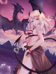 Rule 34 | 1girl, absurdres, ass, bangle, bikini, black horns, blanc97, blush, bracelet, breasts, bubble, demon girl, demon horns, demon tail, dragon, from behind, halterneck, heart, heart-shaped pupils, helltaker, highres, horns, jewelry, large breasts, looking at viewer, modeus (helltaker), open mouth, outdoors, red eyes, sarong, sidelocks, solo, striped bikini, striped clothes, sweater, swimsuit, symbol-shaped pupils, tail, tying, white hair
