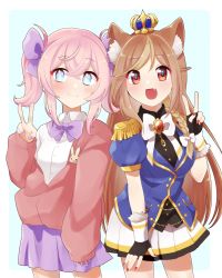 Rule 34 | 2girls, animal ear fluff, animal ears, black shirt, blue eyes, blue jacket, bow, brown eyes, cardigan, collared shirt, commentary, commission, crown, english commentary, hazumi aileen, highres, indie virtual youtuber, jacket, lion ears, lion girl, looking at viewer, military, military uniform, minoco (sana moko), multiple girls, muushiboo, purple bow, purple skirt, red cardigan, second-party source, shirt, skeb commission, skirt, sleeves past wrists, smile, twintails, uniform, v, virtual youtuber, white bow, white shirt, white skirt