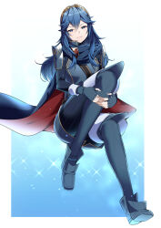 Rule 34 | 1girl, ameno (a meno0), armor, blue cape, blue eyes, blue footwear, blue gloves, blue hair, cape, closed mouth, fingerless gloves, fire emblem, fire emblem awakening, gloves, hair between eyes, invisible chair, lips, long hair, long sleeves, looking at viewer, lucina (fire emblem), nintendo, pink lips, red cape, shoes, shoulder armor, sitting, smile, solo, tiara, two-tone cape