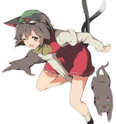 Rule 34 | 1girl, ;d, animal ears, bad id, bad twitter id, brown hair, cat, cat ears, cat tail, chen, commentary request, earrings, fang, green hat, hasebe yuusaku, hat, jewelry, long sleeves, mob cap, multiple tails, nekomata, one eye closed, open mouth, short hair, simple background, single earring, smile, solo, tail, touhou, two tails, white background