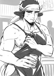 Rule 34 | 1boy, animal ears, apron, apron pull, bara, blush, clothes pull, cow boy, cow ears, cow horns, cowboy shot, cup, facial hair, goatee, greyscale, highres, hip vent, holding, holding cup, horns, indoors, large pectorals, long sideburns, looking at viewer, male focus, male lactation, mature male, monochrome, muscular, muscular male, nipples, original, pectorals, pulling own clothes, short hair, sideburns, sidepec, sketch, solo, sweat, thick eyebrows, yomotsuki road