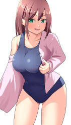 Rule 34 | absurdres, blue one-piece swimsuit, breasts, brown hair, unworn clothes, cowboy shot, green eyes, highres, large breasts, long sleeves, looking at viewer, medium breasts, medium hair, one-piece swimsuit, open mouth, original, pink shirt, school swimsuit, shirt, simple background, swimsuit, swimsuit under clothes, undressing, wagemappa, white background