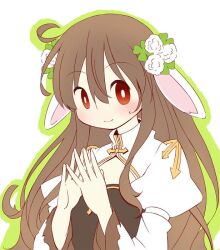 Rule 34 | 1girl, animal ears, arch bishop (ragnarok online), black dress, blush, bright pupils, brown eyes, brown hair, cleavage cutout, closed mouth, clothing cutout, commentary request, cowlick, cross, doridori, dress, flat chest, floppy ears, flower, green outline, hair between eyes, hair flower, hair ornament, juliet sleeves, long bangs, long hair, long sleeves, looking at viewer, outline, puffy sleeves, rabbit ears, ragnarok online, simple background, smile, solo, steepled fingers, two-tone dress, upper body, white background, white dress, white flower, white pupils
