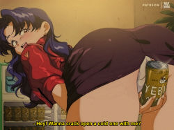 Rule 34 | 1980s (style), 1girl, ass, beer can, black skirt, bluethebone, brown eyes, can, commentary, cropped jacket, crotch seam, drink can, english commentary, holding, holding can, indoors, jacket, katsuragi misato, leaning forward, long hair, miniskirt, neon genesis evangelion, oldschool, paid reward available, panties, pantyshot, purple hair, red jacket, refrigerator, retro artstyle, short sleeves, skirt, solo, subtitled, underwear, white panties