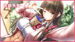 Rule 34 | 1girl, ai kiss 2, bag, between breasts, blush, bow, bowtie, breasts, brown hair, bubble tea, bubble tea challenge, carrying, drinking, female focus, from above, game cg, giga (company), hands up, head tilt, kirisawa saki, large breasts, long hair, long sleeves, looking at viewer, mole, mole under eye, one eye closed, original, outdoors, saegusa ayame, school bag, school uniform, selfie pose, solo, standing, v, wink, yellow eyes