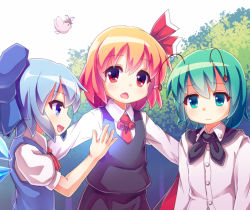 Rule 34 | 3girls, antennae, blonde hair, blue eyes, blue hair, bow, cape, chestnut mouth, cirno, flying, frown, green eyes, green hair, hair bow, hair ribbon, hand up, hat, long sleeves, looking at another, looking at viewer, multiple girls, mystia lorelei, mystia lorelei (bird), necktie, open mouth, outdoors, pinching, puffy short sleeves, puffy sleeves, puremiamuanago, red eyes, ribbon, rumia, short sleeves, skirt, skirt set, team 9 (touhou), touhou, tree, white background, wings, wriggle nightbug