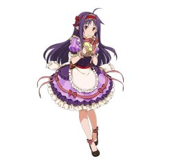 Rule 34 | 1girl, ahoge, apron, blush, dress, frilled apron, frilled dress, frilled hairband, frills, full body, hairband, holding, long hair, looking at viewer, pointy ears, purple dress, purple hair, red eyes, red hairband, short sleeves, smile, solo, standing, striped clothes, striped dress, sword art online, transparent background, vertical-striped clothes, vertical-striped dress, white apron, yuuki (sao)