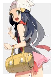 Rule 34 | 1girl, :d, absurdres, bad id, bad pixiv id, black shirt, blue hair, bracelet, cowboy shot, creatures (company), dawn (pokemon), game freak, green eyes, grey background, hair ornament, hairclip, hat, highres, jewelry, long hair, looking at viewer, miniskirt, nintendo, open mouth, pink skirt, pokemon, pokemon dppt, print headwear, red scarf, scarf, shirt, skirt, sleeveless, sleeveless shirt, smile, solo, standing, two-tone background, very long hair, w, white background, white hat, yuihico