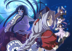 Rule 34 | 4girls, :d, animal ears, anime coloring, black hair, blazer, blue eyes, braid, rabbit ears, rabbit tail, female focus, full moon, hands in opposite sleeves, hat, houraisan kaguya, inaba tewi, jacket, long hair, moon, multiple girls, open mouth, outstretched arms, purple hair, red eyes, reisen udongein inaba, short hair, silver hair, sleeves past wrists, smile, soukuu kizuna, spread arms, tail, touhou, yagokoro eirin