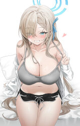 1girl absurdres alternate_costume asuna_(blue_archive) bare_shoulders black_shorts blue_archive blue_eyes blue_halo blush bra breasts cleavage collarbone commentary dolphin_shorts grey_bra grin hair_over_one_eye halo highres large_breasts laseri long_hair long_sleeves looking_at_viewer mole mole_on_breast navel open_clothes open_shirt pulling_own_clothes shirt short_shorts shorts simple_background smile solo thighs underwear very_long_hair white_background white_shirt