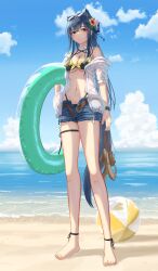 1girl absurdres alternate_costume animal_ears arknights ball bare_legs bare_shoulders barefoot beach beachball belt bikini black_bikini black_eyes black_hair blue_sky breasts cloud cloudy_sky denim denim_shorts eyewear_on_head flower from_below hair_between_eyes hair_flower hair_ornament highres holding holding_floatie holding_sandals jewelry long_hair looking_at_viewer medium_breasts midriff navel necklace open_fly salt_on_dice sand sandals see-through_clothes see-through_sleeves shorts sky standing stomach summer swimsuit tail texas_(arknights) thigh_strap toes wolf_ears wolf_girl wolf_tail