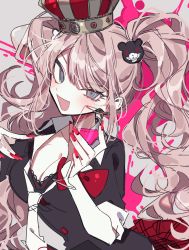 Rule 34 | 1girl, :d, alcohol, blonde hair, blue eyes, blush, bow, breasts, cleavage, crown, cup, danganronpa: trigger happy havoc, danganronpa (series), enoshima junko, glass, hair ornament, hands up, highres, holding, holding cup, large breasts, long hair, looking at viewer, nail polish, necktie, open mouth, patzzi, plaid, plaid skirt, red bow, red nails, red skirt, sketch, skirt, smile, solo, twintails, white necktie, wine