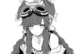 Rule 34 | 1girl, absurdres, animal ears, blue archive, camisole, collar, commentary request, dog ears, dog tags, goggles, goggles on head, halo, hibiki (blue archive), highres, light smile, long hair, mitsumoto amata, monochrome, solo, upper body