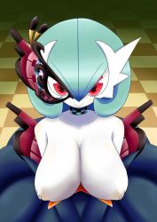 Rule 34 | 1girl, alternate color, blue hair, breasts, cleavage, colored skin, creatures (company), female focus, game freak, gardevoir, gen 3 pokemon, looking at viewer, mask, mask over one eye, mega gardevoir, mega pokemon, neichii, nintendo, no humans, pokemon, pokemon (creature), puffy nipples, red eyes, shiny pokemon, short hair, smile, solo, third-party edit, uncensored, white skin
