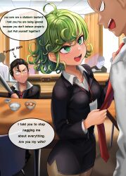 Rule 34 | 1girl, 2boys, absurdres, breasts, business suit, formal, green eyes, green hair, highres, multiple boys, one-punch man, rkrk12, saitama (one-punch man), short hair, small breasts, suit, tatsumaki