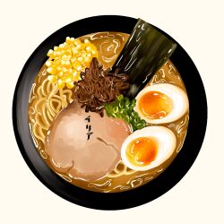 Rule 34 | bowl, corn, egg (food), food, food focus, meat, mitsuba97, no humans, noodles, nori (seaweed), original, ramen, simple background, still life, tan background
