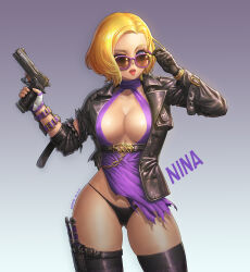 Rule 34 | 1girl, adjusting eyewear, asymmetrical gloves, black gloves, black jacket, black panties, black thighhighs, blonde hair, breasts, character name, collarbone, dress, english text, fingerless gloves, gloves, gun, hand on eyewear, highres, jacket, katoyo85, knife, large breasts, leather, leather jacket, looking at viewer, nina williams, open clothes, open jacket, open mouth, panties, purple dress, short hair, sunglasses, teeth, tekken, tekken 8, thigh strap, thighhighs, tongue, tongue out, torn clothes, underwear, weapon