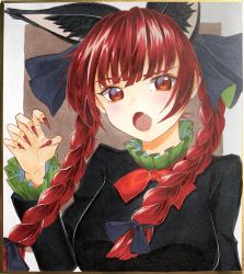 Rule 34 | 1girl, :o, absurdres, animal ear fluff, animal ears, black bow, black dress, black ribbon, blunt bangs, border, bow, bowtie, braid, breasts, cat day, cat ears, claw pose, commentary request, dress, extra ears, fang, fingernails, gao, green ribbon, hair bow, hair ribbon, highres, juliet sleeves, kaenbyou rin, large breasts, light blush, long fingernails, long hair, long sleeves, looking at viewer, marker (medium), nail polish, puffy sleeves, red bow, red bowtie, red eyes, red hair, red nails, ribbon, sharp fingernails, shikishi, simple background, slit pupils, solo, touhou, traditional media, tress ribbon, twin braids, twintails, two-tone ribbon, upper body, white background, yuuma-nii