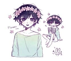 1boy :d ? androgynous arm_support arms_at_sides artist_self-insert azu_(soramm_cake) bare_shoulders barefoot basil_(headspace)_(omori) basil_(omori) black_eyes black_hair blush book bright_pupils character_name collarbone commentary_request cropped_torso flower flower_wreath full_body green_shirt head_wreath highres holding holding_book knee_up leaf male_focus multiple_views off-shoulder_shirt off_shoulder omori open_mouth pink_flower prototype_design shirt short_hair shorts simple_background sitting smile squiggle sweatdrop teeth upper_teeth_only white_background white_pupils white_shorts