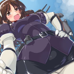 Rule 34 | 10s, 1girl, :d, ashigara (kancolle), belt, blush, breasts, brown eyes, brown hair, cannon, dd (ijigendd), elbow gloves, from below, gloves, hair ornament, hairband, kantai collection, long hair, medium breasts, open mouth, pantyhose, personification, skirt, smile, solo, turret