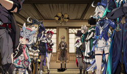 Rule 34 | 4boys, 6+girls, absurdres, aether (genshin impact), ahoge, animal ears, belt, black footwear, black gloves, black hair, black headwear, black jacket, black shorts, black thighhighs, blonde hair, blue eyes, blue hair, boots, bow, brother and sister, brown hair, charlotte (genshin impact), chinese commentary, clorinde (genshin impact), closed mouth, coat, collared shirt, commentary, crossed arms, dress, drop-shaped pupils, frills, furina (genshin impact), garter straps, genshin impact, gloves, grey hair, grey pants, hair between eyes, hair over one eye, hat, highres, holding, horns, indoors, jacket, katheryne (genshin impact), kneehighs, legwear garter, long hair, long sleeves, looking at another, lynette (genshin impact), lyney (genshin impact), multicolored hair, multiple boys, multiple girls, navia (genshin impact), necktie, neuvillette (genshin impact), open mouth, pants, pantyhose, pink eyes, pink hair, red eyes, red headwear, shirt, shoes, short hair, shorts, siblings, sigewinne (genshin impact), skirt, smile, socks, standing, streaked hair, symbol-shaped pupils, tail, thigh boots, thigh strap, thighhighs, top hat, twins, vest, vision (genshin impact), white hair, white pants, white shirt, wriothesley (genshin impact), ye hua bai liu