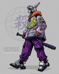 Rule 34 | artist name, assault visor, av-98 ingram, baseball bat, buchi holes, clenched hand, clothed robot, commentary, english commentary, fanny pack, highres, holding, holding baseball bat, hood, hood down, hoodie, kensuke creations, kidou keisatsu patlabor, mecha, orange hoodie, patch, radio antenna, robot, science fiction, shadow, solo, streetwear, walking