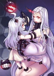 Rule 34 | 10s, 2girls, abyssal ship, ahoge, aircraft, airplane, anklet, barefoot, breasts, claws, detached sleeves, highres, horns, jewelry, kantai collection, large breasts, long hair, looking at viewer, madari, mittens, monster, multiple girls, northern ocean princess, open mouth, pale skin, red eyes, seaport princess, sideboob, single horn, sitting, toy airplane, white hair