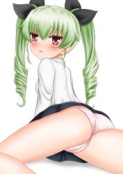 Rule 34 | 10s, 1girl, absurdres, anchovy (girls und panzer), ass, blush, breasts, cameltoe, cleft of venus, drill hair, from behind, girls und panzer, green hair, hair ribbon, highres, io-catalyst, long hair, looking at viewer, looking back, panties, parted lips, pink panties, red eyes, ribbon, shiny skin, skirt, solo, twin drills, twintails, underwear, upskirt