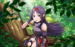 Rule 34 | 1girl, :d, ahoge, armor, black leotard, breastplate, day, detached sleeves, fingerless gloves, floating hair, front slit, gloves, hairband, hand in own hair, in tree, leotard, long hair, long sleeves, looking at viewer, open mouth, outdoors, pointy ears, purple armor, purple gloves, purple hair, purple skirt, purple sleeves, red eyes, red hairband, sitting, sitting in tree, skirt, smile, solo, sword art online, thigh strap, tree, very long hair, yuuki (sao)