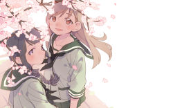 Rule 34 | 10s, 2girls, black hair, blush, braid, brown eyes, brown hair, cherry blossoms, d.y.x., from above, kantai collection, kitakami (kancolle), long hair, looking at viewer, multiple girls, ooi (kancolle), purple eyes, sailor collar, smile