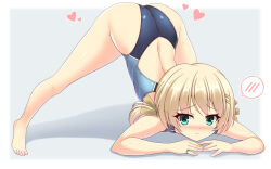 Rule 34 | 1girl, arm rest, ass, barefoot, blonde hair, blue one-piece swimsuit, blush, competition swimsuit, embarrassed, full body, green eyes, hair ornament, hairclip, hands on ground, hizuki aki, jack-o&#039; challenge, long hair, looking at viewer, nose blush, one-piece swimsuit, original, revision, solo, spoken blush, spread legs, swimsuit, top-down bottom-up, twintails, two-tone swimsuit, wide spread legs