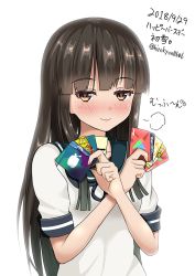 Rule 34 | 1girl, :3, puff of air, amazon (company), apple inc., black hair, black ribbon, black sailor collar, blunt bangs, blunt ends, blush, brown eyes, character name, collarbone, commentary, copyright request, dated, gift card, hands up, happy birthday, hatsuyuki (kancolle), heart, heart-shaped pupils, hime cut, hirokyon0606, holding, kantai collection, long hair, looking at viewer, neck ribbon, ribbon, sailor collar, school uniform, serafuku, short sleeves, sidelocks, simple background, solo, symbol-shaped pupils, translation request, twitter username, upper body, white background