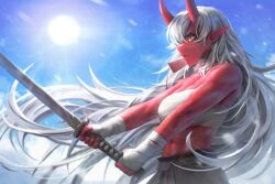 Rule 34 | 1girl, abs, absurdres, akumi (yoclesh), arm wrap, bare shoulders, breasts, chest sarashi, colored skin, earrings, fingernails, grey hair, highres, holding, holding sword, holding weapon, horns, indie virtual youtuber, jewelry, katana, long hair, medium breasts, muscular, muscular female, numanoan, oni, parted lips, pointy ears, red horns, red skin, sarashi, sharp fingernails, solo, sun, sword, virtual youtuber, weapon, yellow eyes