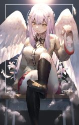 Rule 34 | 1girl, :3, absurdres, angel, angel wings, arm support, black socks, blush, breasts, brown cardigan, cardigan, commentary request, cross hair ornament, feathered wings, feathers, feet, flower, foot out of frame, gabriel dropout, hair ornament, hani haya, highres, holding, holding shoes, huge filesize, kneehighs, leg up, light purple hair, long hair, long sleeves, looking at viewer, medium breasts, no shoes, raphiel shiraha ainsworth, red skirt, school uniform, shoes, unworn shoes, sidelocks, sitting, skirt, socks, solo, uwabaki, white flower, white footwear, white wings, wings, yellow eyes