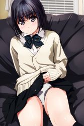 Rule 34 | 1girl, black bow, black bowtie, black hair, black skirt, bow, bowtie, cardigan, closed mouth, clothes lift, collared shirt, curtains, eyebrows, grey eyes, highres, indoors, lifting own clothes, long sleeves, looking at viewer, lying, matsunaga kouyou, on back, original, panties, pantyshot, pillow, polka dot, polka dot panties, shiny skin, shirt, short hair, skirt, skirt lift, sleeves past wrists, smile, solo, tareme, underwear, white shirt, wing collar